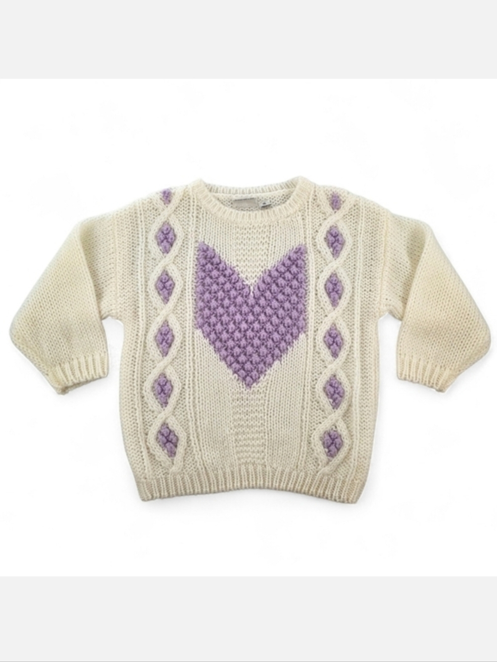 Vintage Hand Knit Heart Sweater Ivory Purple Size M Cottagecore Coquette